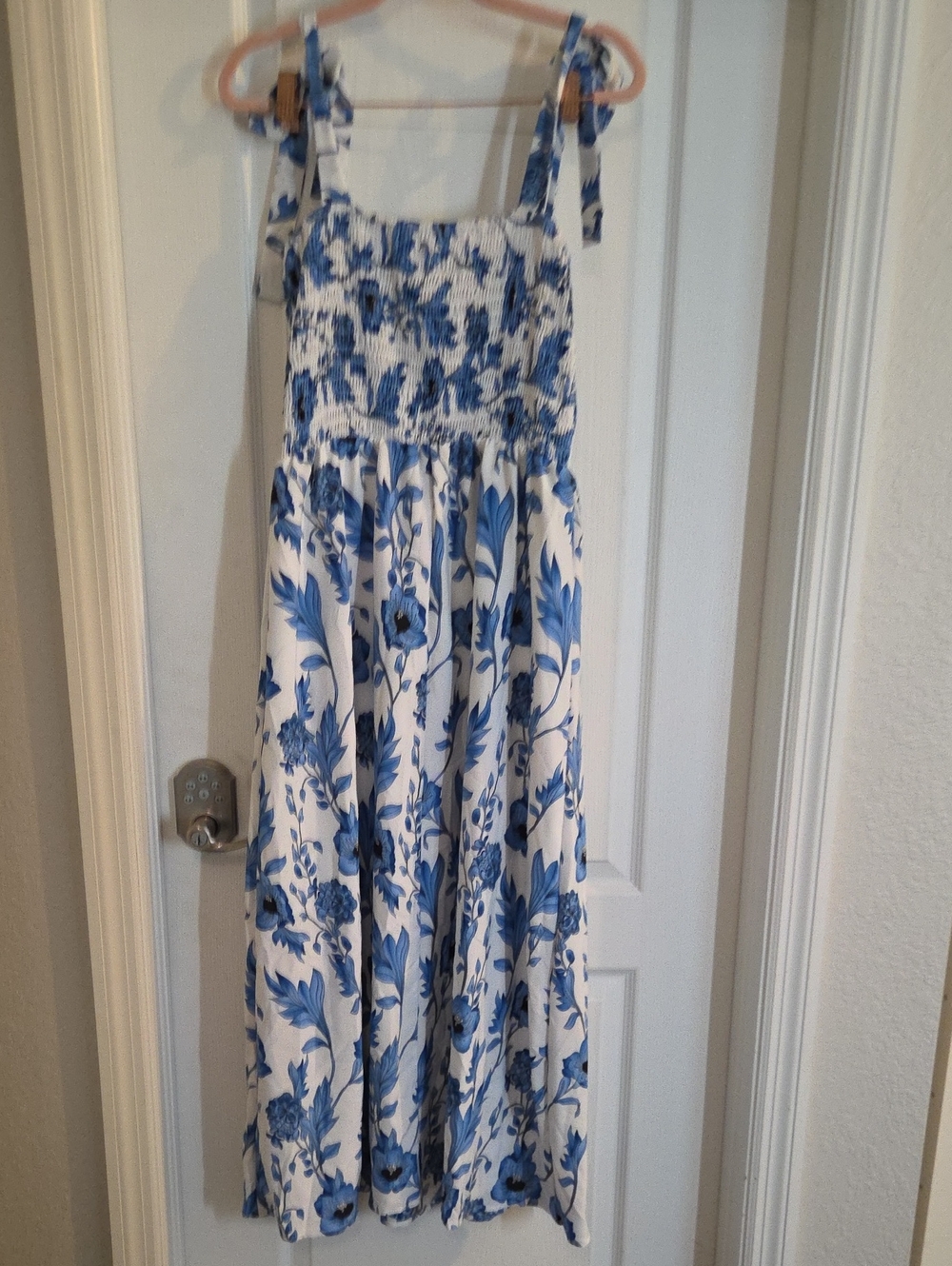Amazon White and Blue Floral Midi Dress with Tie Straps